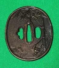 Unknown Bamboo Tiger Engraving Tsuba Metal Samurai Guard 8_8x7_2cm Antique