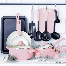 Pink 18-Piece Soft Grip Toxin-Free Healthy Ceramic Non-Stick Cookware Pan Set