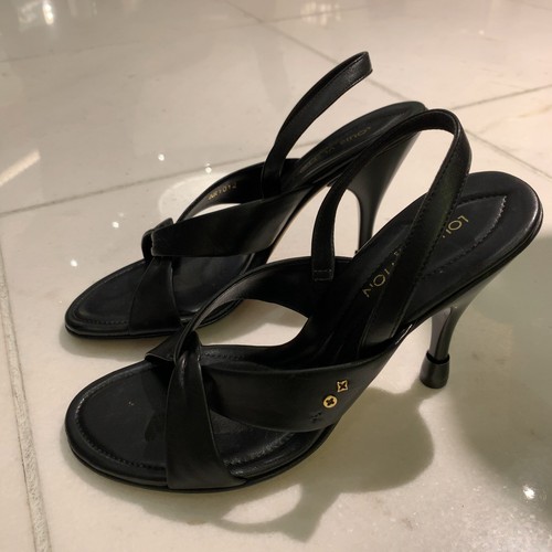 (Auténticas) Sandalias de tacón Louis Vuitton de cuero negras talla 37 24 cm tacón 10 cm monograma - Imagen 1 de 14