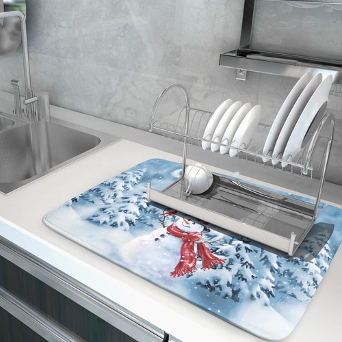 Blue Snowman Dish Drying Mat 18x24 inch Winter Pine Tree Absorbent Fast Dry - Picture 5 of 7