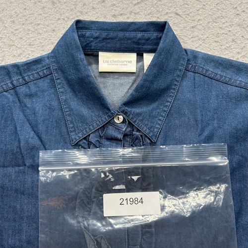 Liz Claiborne Women's Medium Blue Denim Long Sleeve Ruffle Button Down Shirt - Picture 8 of 8
