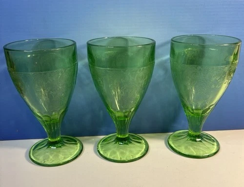Set of 3Green Uranium Depression Glass "Flower Basket" footed water goblet