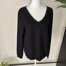 Field Manor Silk Angora Sweater Sz XL  Black Sequin  V-Neck Long Sleeve