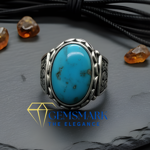 Blue Feroza, Natural Turquoise Sterling Silver 925 Men's Ring, Real Gemstone - Picture 2 of 6
