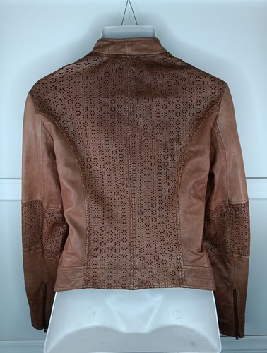 Sundance Lamb Leather Jacket Women Size 6 Brown Perforated Floral Boho EUC - Picture 2 of 8