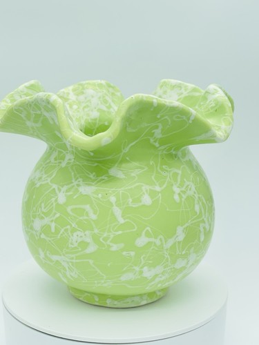 VTG MCM Lime Green & White Speckle Ruffled Collar Round Bottom Pottery Vase 4.5" - Picture 4 of 15