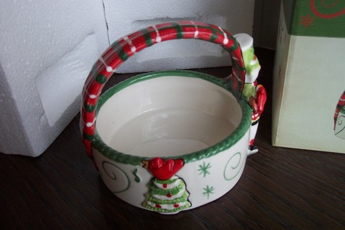 Fitz & Floyd Porzellan Weihnachten Keramik Stechpalme Mütze Schneemann Korb Neu im Karton siehe Bilder - Bild 2 von 10