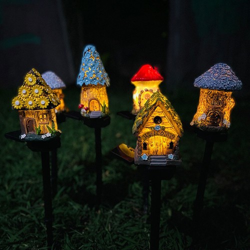 Outdoor Solar Ground Light Resin Lawn Lamp Mushroom House Garden Decorative Lamp - Picture 1 of 23