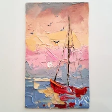 Original Painting Abstract Seascapes Boat Oil Modern Small Wall Impasto Artwork