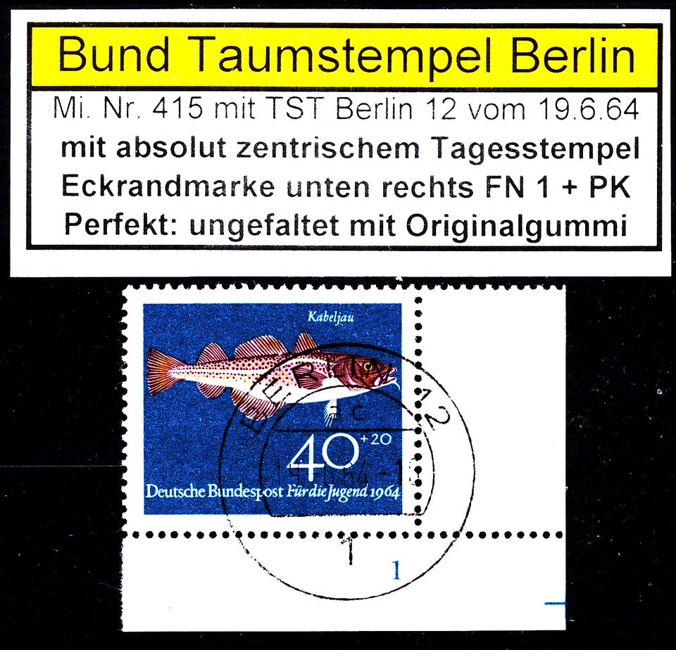 ⅍ Bund Mi 415 FN 1 TST Berlin RAR Formnummer Eckrand Ecke E4 EUR Original Gummi - Bild 1 von 1