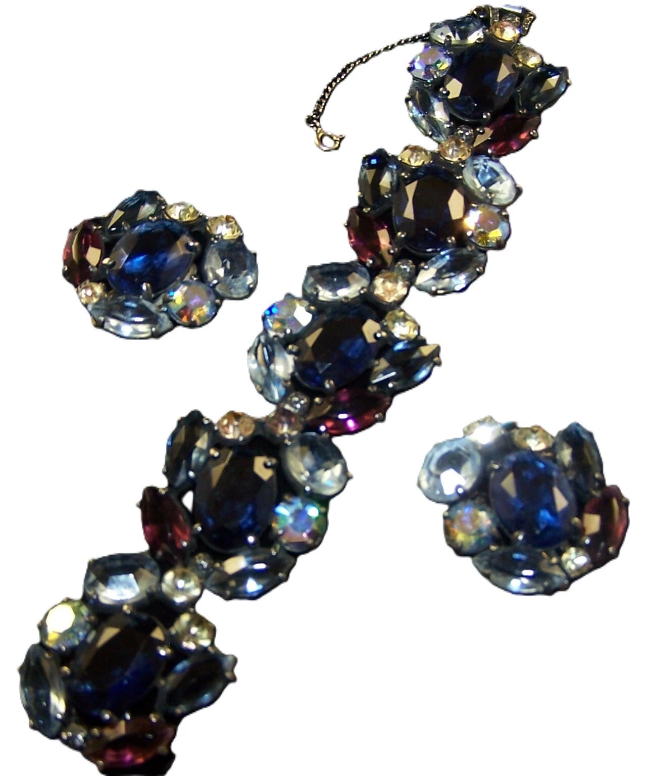 CHANEL SCHIAPARELLI Braccialetto Cristalli Zaffiro Ametista Aurora Boreale & Orecchini Clip