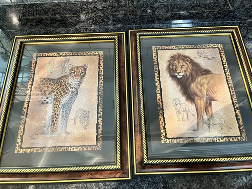 Home Interior J Gibson Löwe & Leopard gerahmtes Wandbild Tierdruck Bordüre Safari - Bild 1 von 5