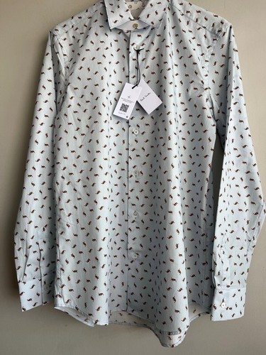 Paul Smith Men's Regular Fit Shirt long-sleeved Sky blue, Brown graphics Size S - Picture 5 of 14
