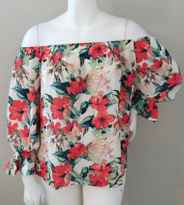 Jealous Tomato Floral Border Off the Shoulder Top Blouse Magenta Pink Plus XL 1X Jealous Tomato Floral Border Off the Shoulder Top Blouse Magenta Pink Plus XL 1X
