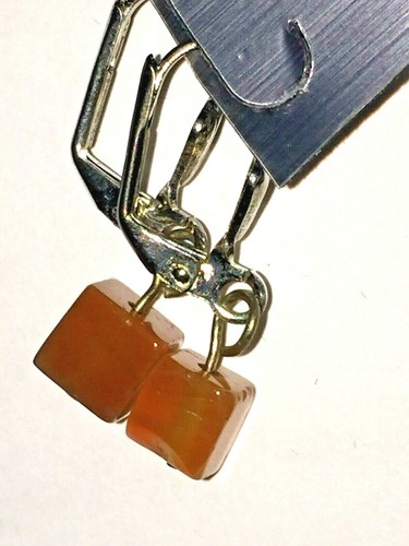 carnelian dangle tarnish silver plated lever back earrings, defect square stones - Picture 6 of 11