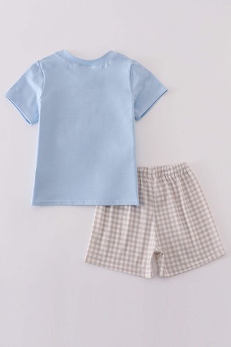Boy's Boutique Blue Easter Cross He Is Risen Applique Gingham 2 Piece Outfit Set - Picture 5 of 8