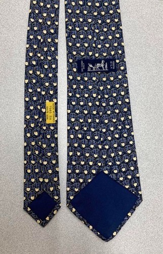 New Unused HERMES Neck Tie Navy Flower 100%Silk With Box Made in France - Picture 4 of 11