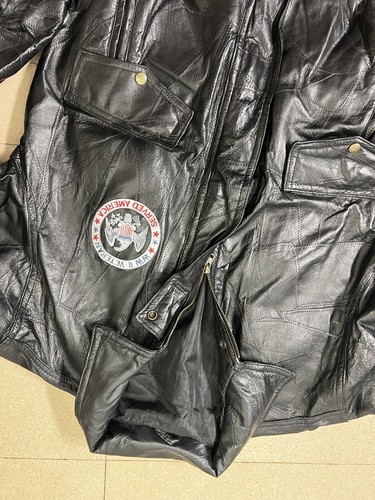 Military Jacket Mens Large Black Heavy Leather Bomber Veteran Vietnam Patch Coat - Picture 3 of 4