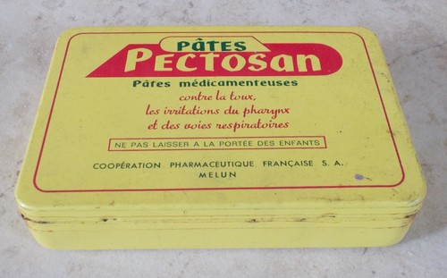 Antique drugs tin box PATE PECTOSAN advertising metal France vintage 1970 yellow - Picture 1 of 6