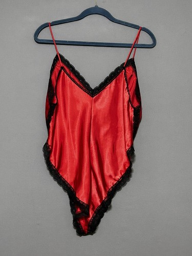 Vintage Lingerie Bodysuit Womens Large Red W/Black Lace Ultra High Cut Retro 80s - Picture 3 of 5