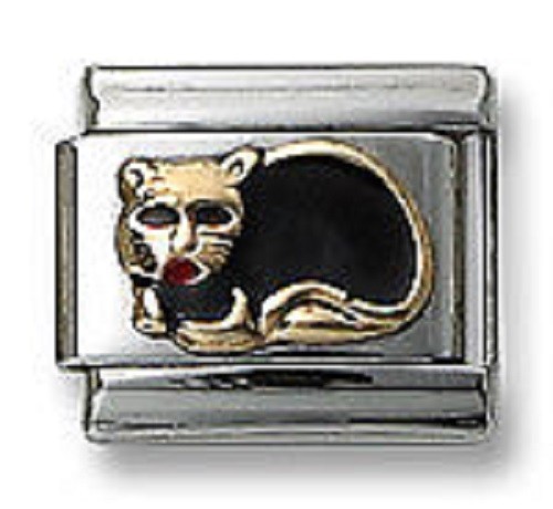 Italienisches Armband Katze schwarz Emaille 9 mm Edelstahl modulare Glieder 18 Karat Gold - Bild 1 von 2