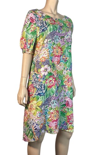 🌻BLUE ILLUSION SIZE L MULTI FLORAL BUTTERFLY PRINT FRENCH LINEN SHIFT DRESS - Picture 5 of 12