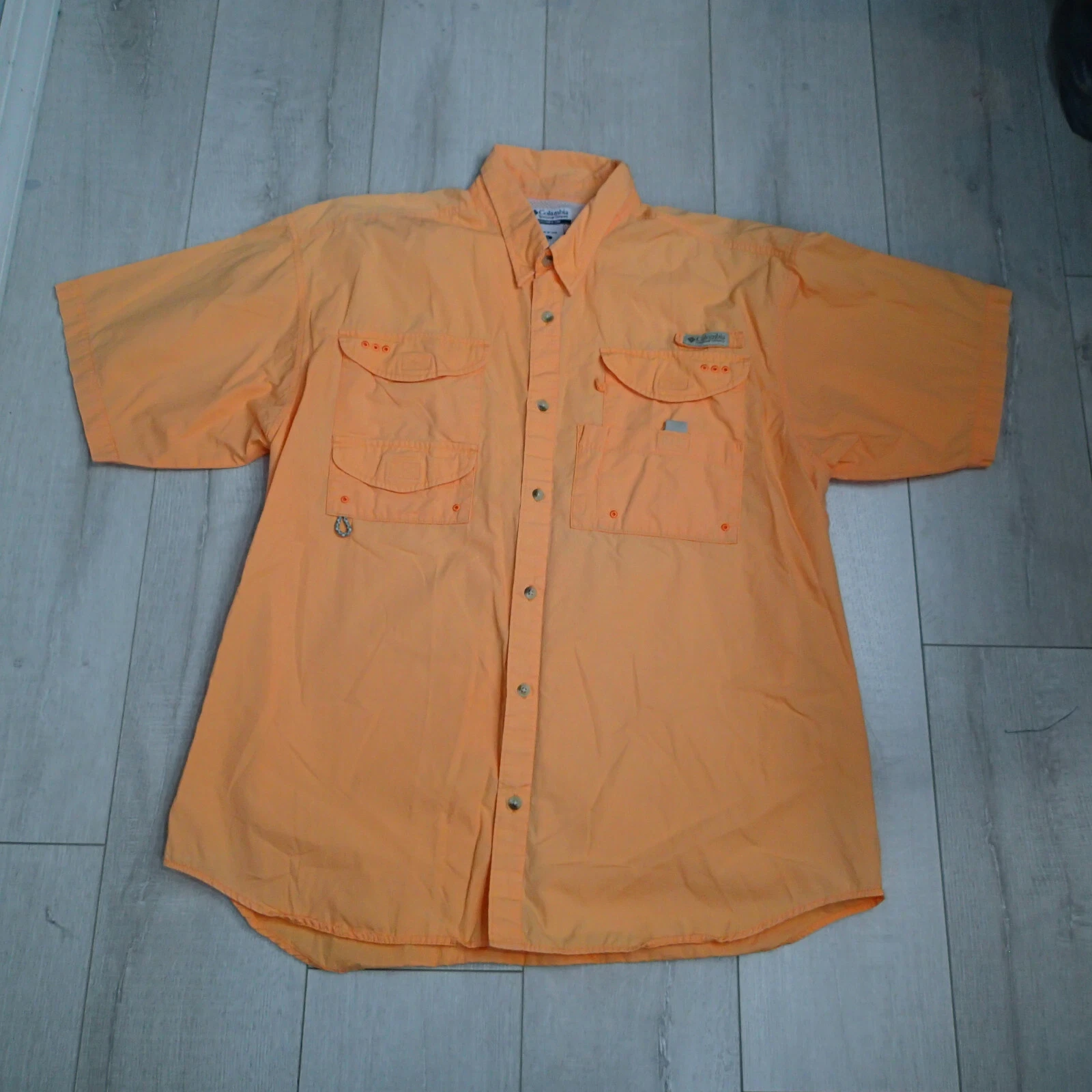 COLUMBIA PFG Mens Orange Short Sleeve Vented Button Front Fishing Shirt Size XL