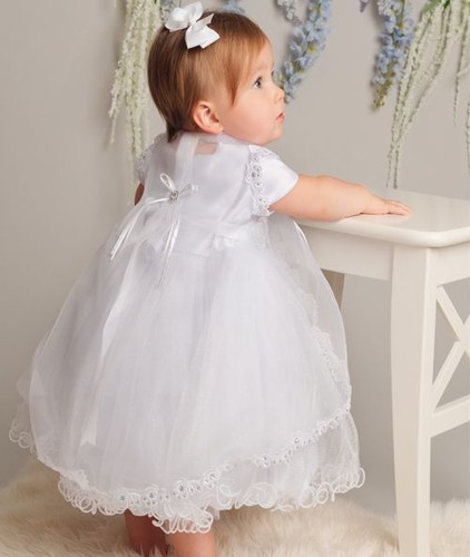Conjunto de vestido, chaqueta y gorro de bautizo blanco brillante - Elegante traje de bautizo - Imagen 4 de 5
