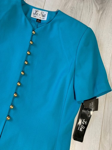 NWT Le Suit Blue Short Sleeve Gold Button Detail Jacket Sz 8 - Picture 4 of 8
