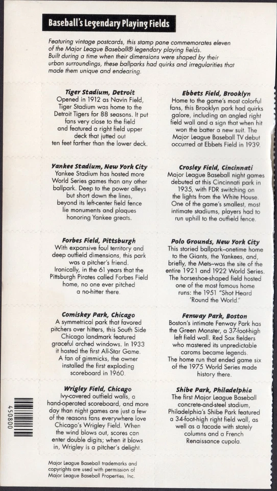 Scott #3510-3519 Legendary Baseball Fields Half Sheet of 10 Stamps - MNH Right - Image 2 of 2