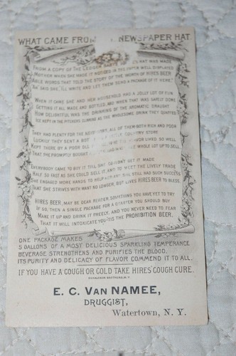 ANTIQUE TRADE CARD "WHAT CAME FROM A PAPER HAT" DRUGGIST WATERTOWN, NY - Picture 3 of 3