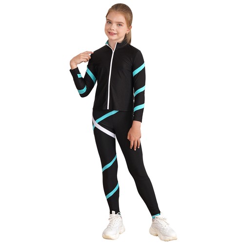 Kids Girls Sportwear Contrast Color Sweatsuit Yoga Tracksuit Long Sleeve Dance - Picture 7 of 23