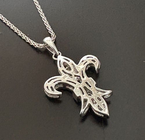 Natural Round Diamond 14K White Gold Fleur De Lis Charm Pendant 18kt Gold Chain - Picture 7 of 14