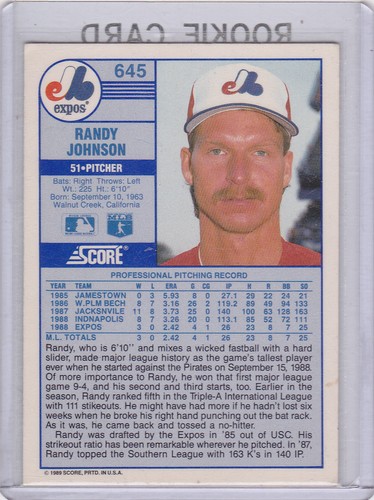 Tarjeta de novato de béisbol Randy Johnson The Big Unit 1989 puntuación RC Expos Yankees M's - Imagen 2 de 2