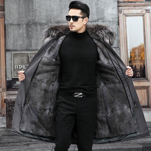 Mens Genuine Fox Fur 100% Real Mink Fur Lining Overcoat Hooded Parka Warm Jacket - Picture 6 of 32