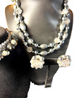 Vintage Set Silver Gray Sparkly Crystals Beaded Choker Earrings & Bracelet