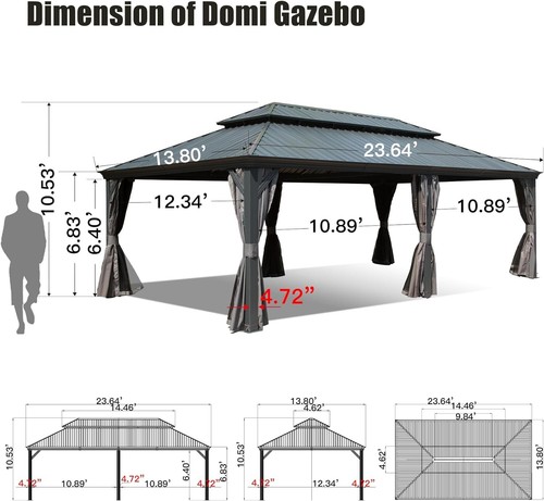 Domi 14x24FT Outdoor Hardtop Gazebo Aluminum Double Roof w/Curtain&Netting, Grey - Picture 2 of 8