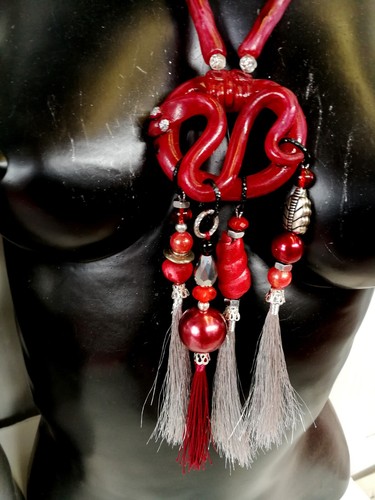 jewelry necklace pendant layered lariat pearl crystal stone red snake pyrite bib - Picture 8 of 24