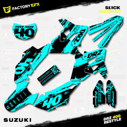 Black & Cyan Slick Polisport Restyle Graphics Kit fits Suzuki Drz400 Drz400sm - Foto 7 di 8