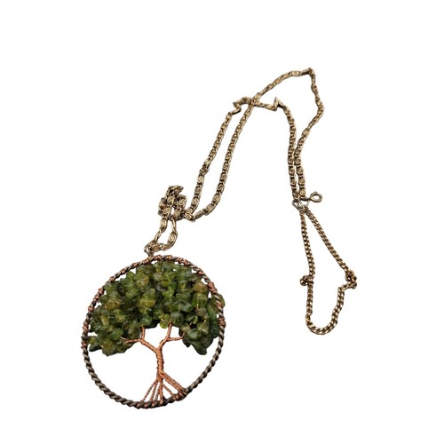 Peridot Tree of Life Pendant Necklace Copper Wrap Gold Plated Circle 30" Chain - Picture 6 of 7