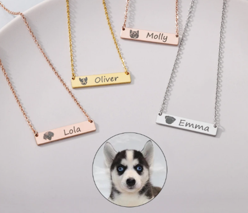 Custom Pet Dog Cat Necklace Name Photo Personalized Bar Jewelry Stainless Steel