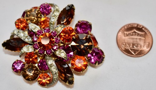 SPILLA VINTAGE GIACINTO ARANCIONE MULTICOLORE STRASS BLING argento su tono oro