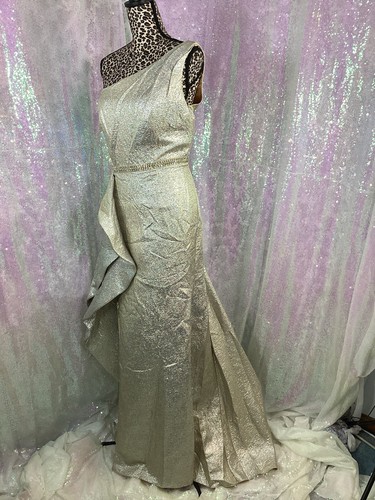 Mac Duggal One Shoulder Gold Metallic Rüschen Kleid Dress Gr. 10 AUTHENTISCH Neu mit Etikett - Bild 2 von 9
