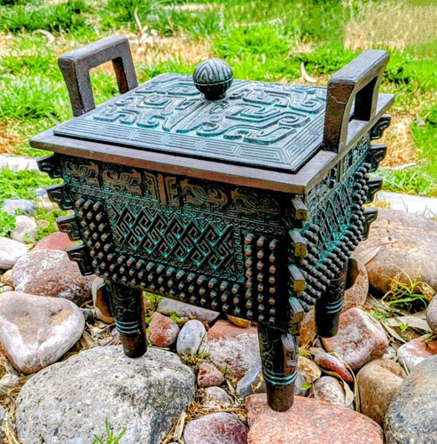 Vintage Chinese Mid-Century Metal Alloy Fang Ding Ritual Vessel Ice Bucket EUC - Picture 1 of 9
