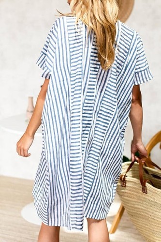 Women's Striped Beach Cover Up Dress Baggy Batwing Sleeve Short Sundress Tunic - Picture 8 of 19