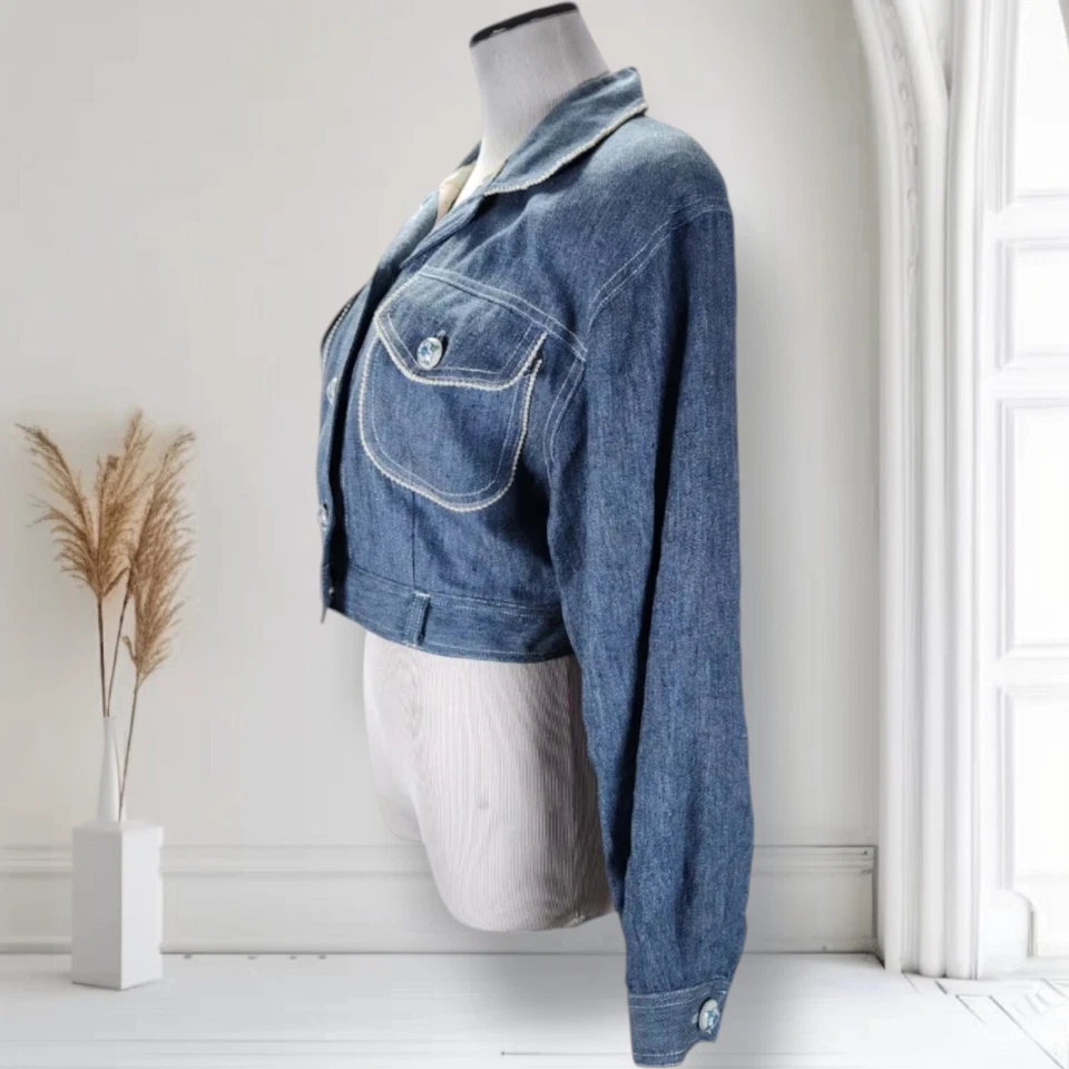 复古白金 Dorothy Schoelen Crop 牛仔卡车司机夹克 S 码人造珍珠 — 第 3/4 张图片