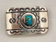Navajo Ladies Sterling Belt Buckle, With Turquoise And Tooled Design, and belt.