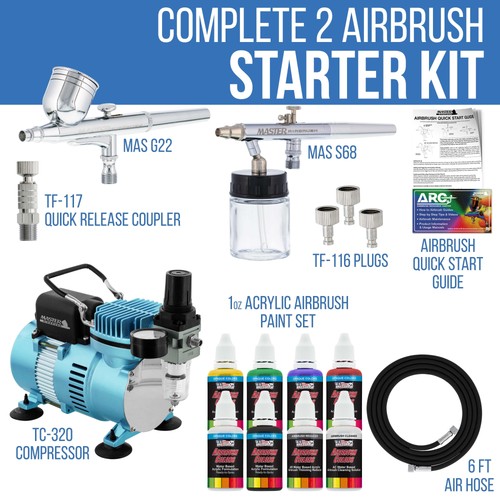 2 Master Airbrush Air Compressor Kit, 6 Primary Opaque Acrylic Paint Colors Set - Picture 2 of 5