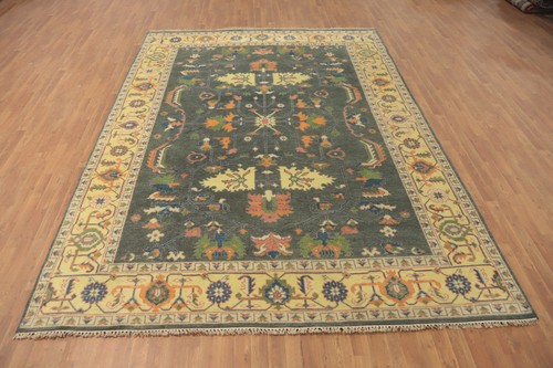 Handgefertigter grün/grauer Oushak Stil Vorleger 9x12 Fuß Wohnzimmer Wollteppich - Bild 2 von 14