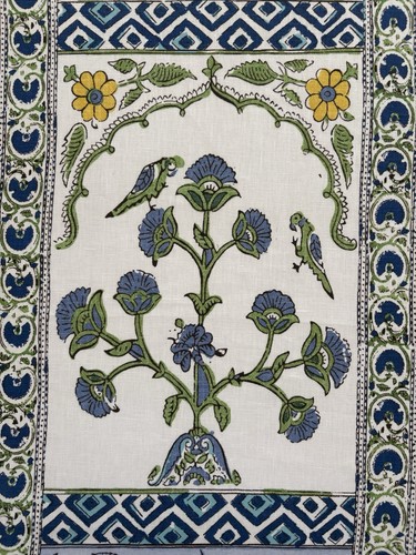 THIBAUT "INDIAN PANEL/Blue&Yellow" Stylized florals/Birds-Linen-$279-51"x91"L - Picture 6 of 12